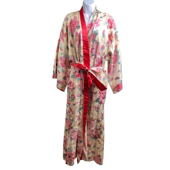 Vintage Natori Women's‎ Red Floral Damask Kimono Robe Size L Regal Luxury Chic - Picture 1 of 12